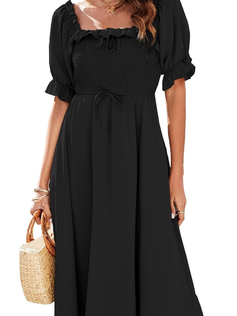 Amazon Black Smocked Maxi Dress with Puff Sleeves